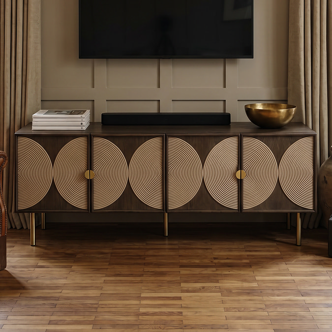 front on image of four door dark oak tv unit with rope detail and brass legs