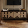 front on image of four door dark oak tv unit with rope detail and brass legs