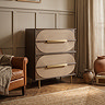 side on image of four drawer chest with four brassy handles and legs