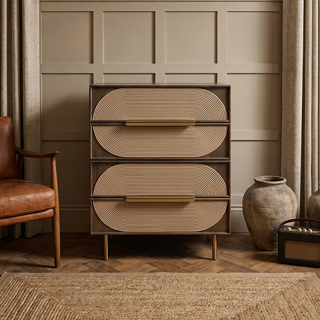 front on image of four drawer dark oak chest of drawers with gold legs and handles
