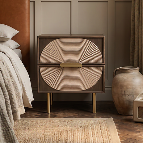 image of dark oak bedside table with central rope design and gold handles
