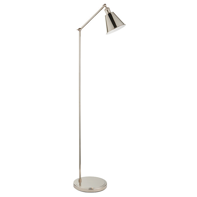 image cut out on white background of nickel coloured industrial-style floor lamp