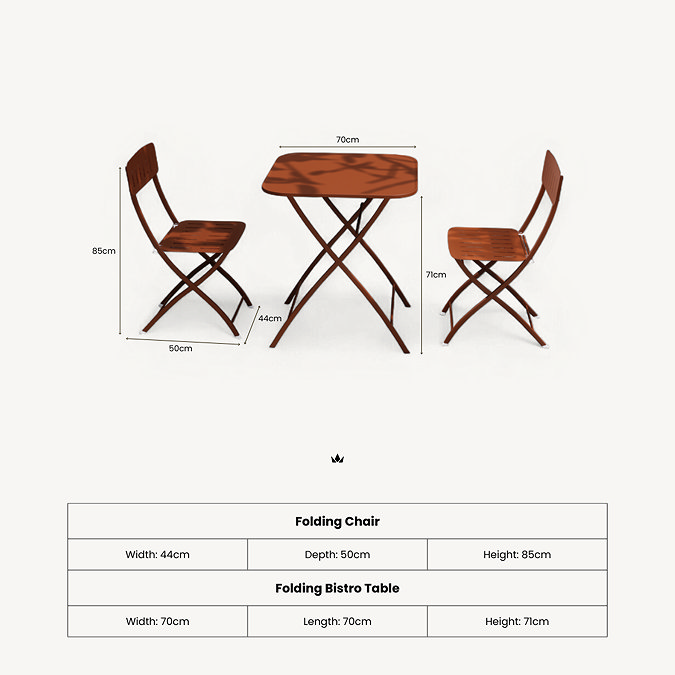 cut out of square bistro set with dimensions specifications written below