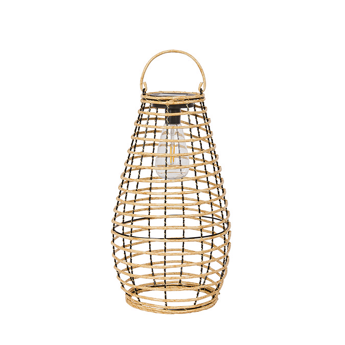 image cut out on white background of tall rattan lantern with handle