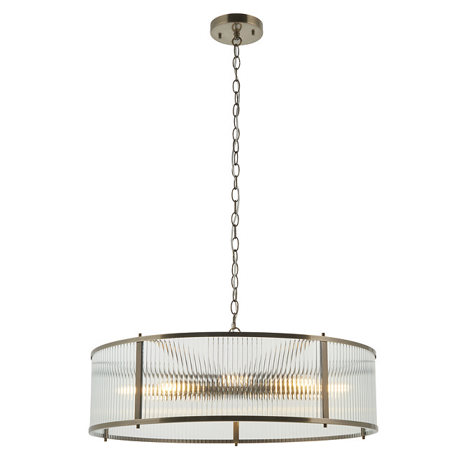 cut out image of 8 bulb pendant light with antique brass metalwork