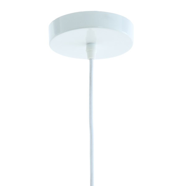 close up image of white ceiling fixture of hanging light shade