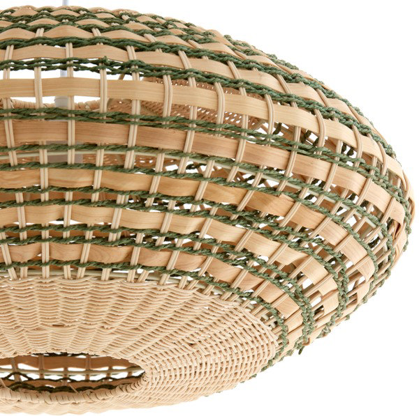 close up image on bottom of hanging oval light shade in natural and green colours