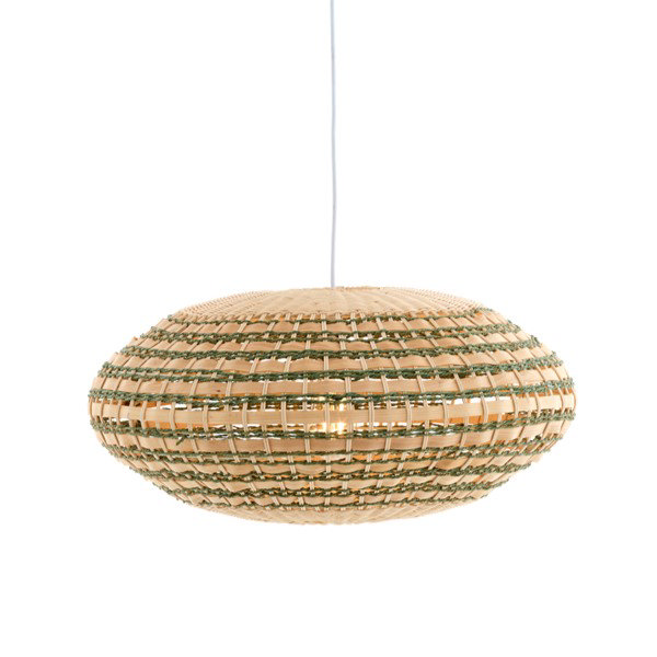 image cut out on white background of woven rattan hanging oval light shade in natural and green colours, with light bulb inside emitting a warm glow