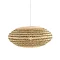 image cut out on white background of woven rattan hanging oval light shade in natural and green colours, with light bulb inside emitting a warm glow