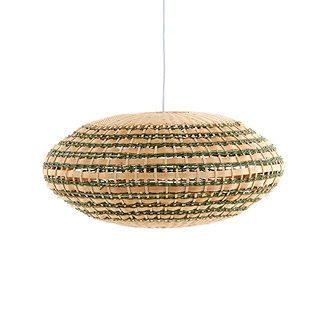 image cut out on white background of woven rattan shade in natural and green colours, in size 59cm