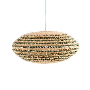 image cut out on white background of woven rattan hanging oval light shade in natural and green colours, with light bulb inside emitting a warm glow