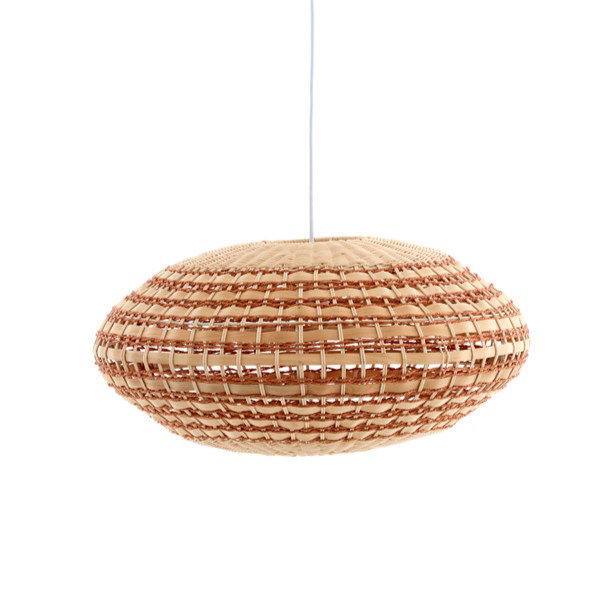 image cut out on white background of larger woven oval hanging lamp shade in natural and terracotta colours