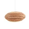 image cut out on white background of larger woven oval hanging lamp shade in natural and terracotta colours