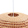 close up image of top of rattan hanging oval light shade, where white cable goes into shade through circle