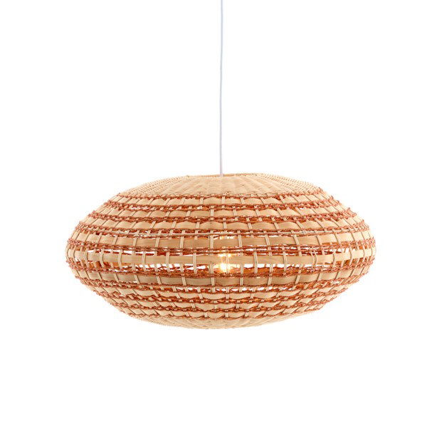 image cut out on white background of woven rattan light shade in natural and terracotta colours