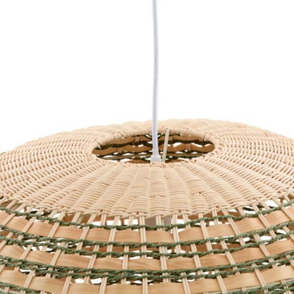 close up image cut out on white background of woven rattan hanging light shade in natural and green
