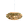 image cut out on white background of hanging oval woven rattan light shade in natural and green colours