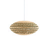image cut out on white background of hanging oval woven rattan light shade in natural and green colours