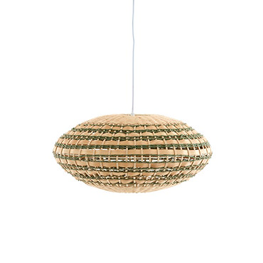 image cut out on white background of hanging oval woven rattan light shade in natural and green colours