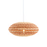 image cut out on white background of woven oval hanging light shade with natural and terracotta colours, bulb inside emitting warm glow