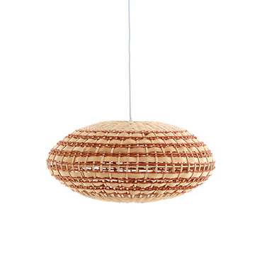 image cut out on white background of woven oval hanging light shade with natural and terracotta colours, bulb inside emitting warm glow