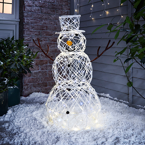 White Snowman Lit at Front Door