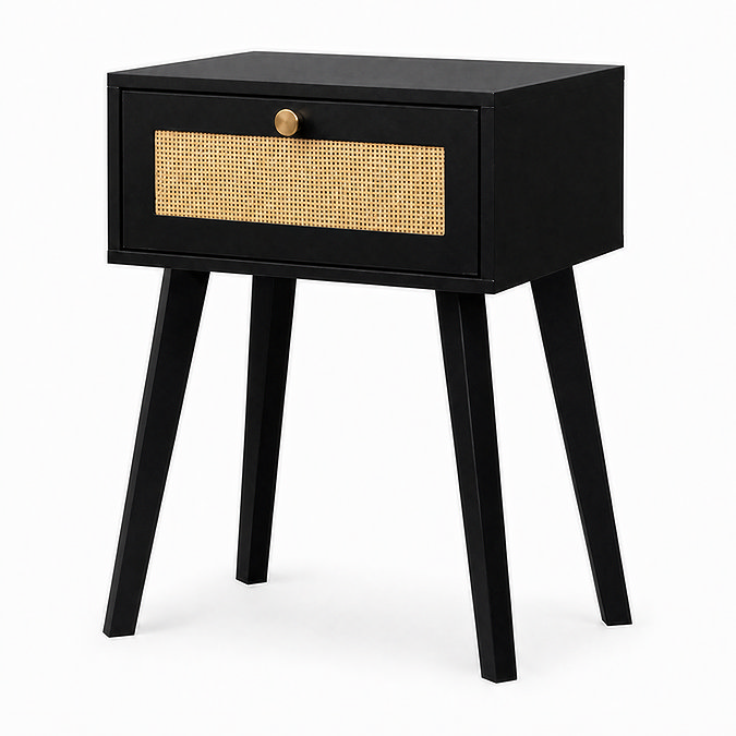 angled image of black rattan nightstand