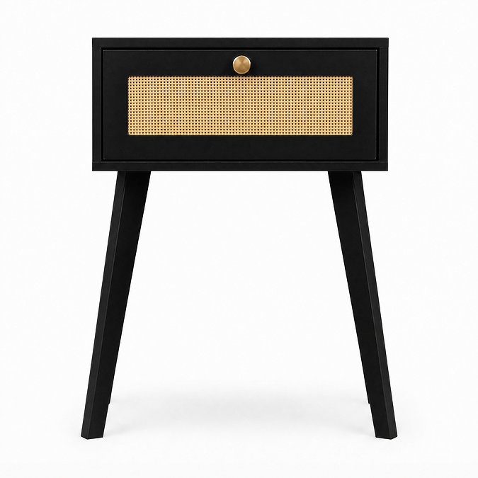 cut out image of black nightstand with 1 rattan fronted drawer
