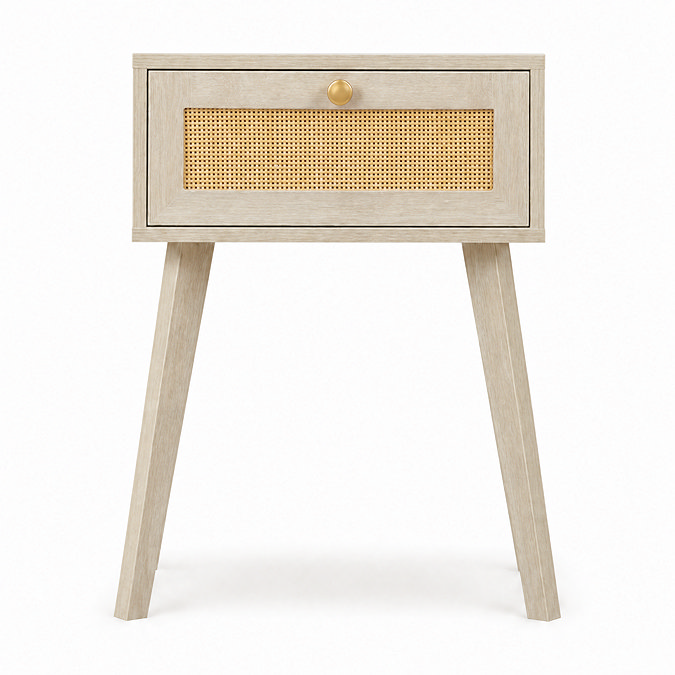 front on cut out image of natural coloured 1 drawer nightstand with rattan front