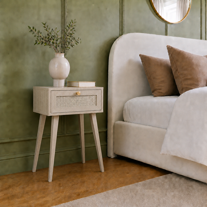 image of natural coloured 1 drawer bedside table with rattan front