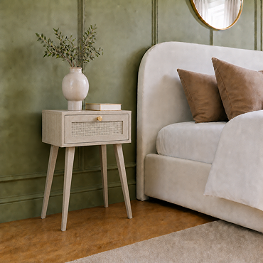 angled cut out image of natural rattan 1 drawer bedside table