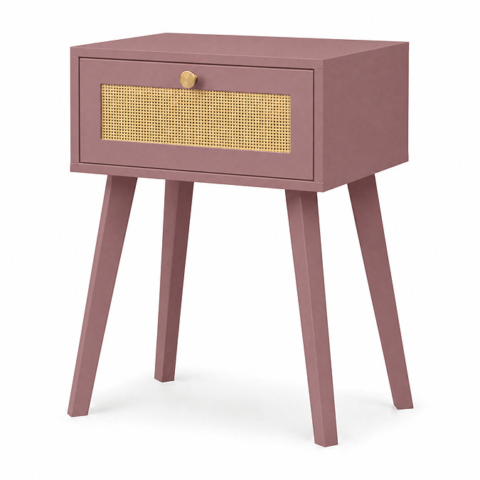 angled cut out image of 1 drawer clay pink rattan fronted nightstand