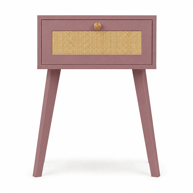 front on image of clay pink nightstand with 1 rattan fronted drawer