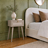 image of soft taupe nightstand next to bed