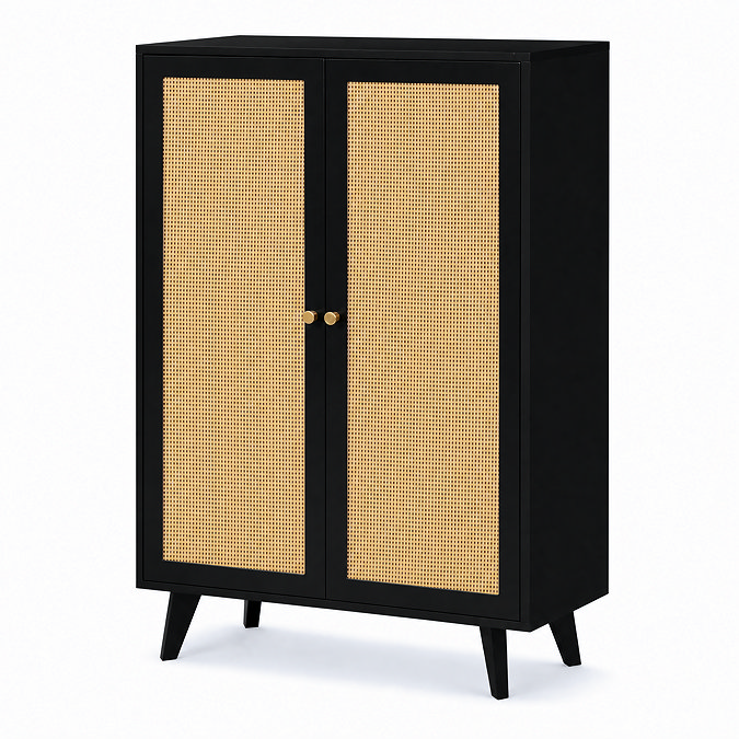 angled black cut out image of 2 door tall sideboard with rattan doors