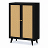 angled black cut out image of 2 door tall sideboard with rattan doors