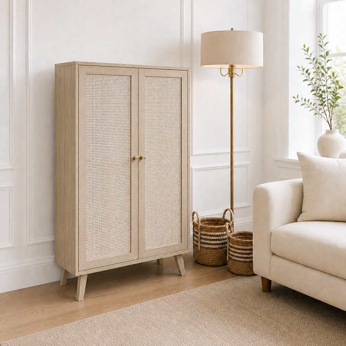 image of natural two door tall sideboard with rattan front