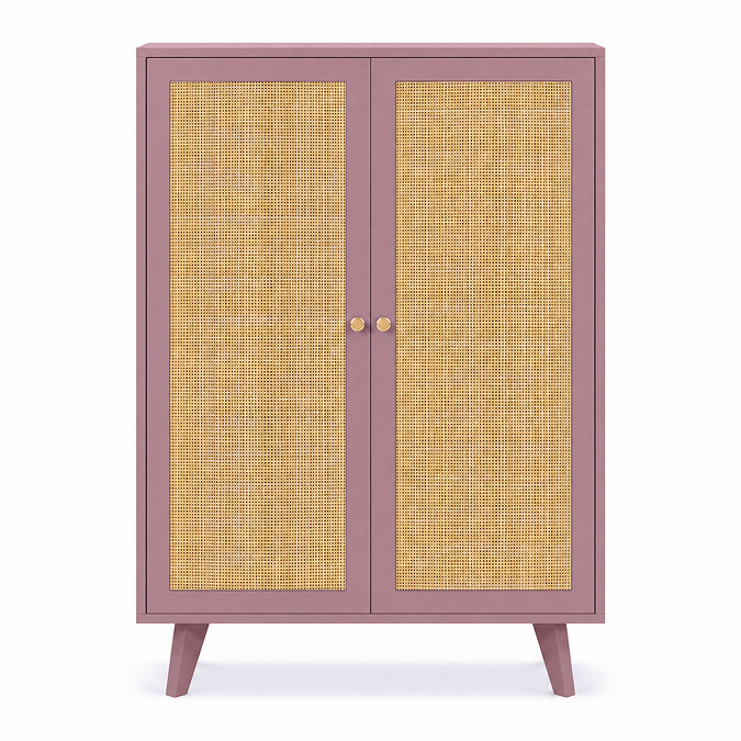 front on cut out image of pink clay coloured tall sideboard with rattan fronts