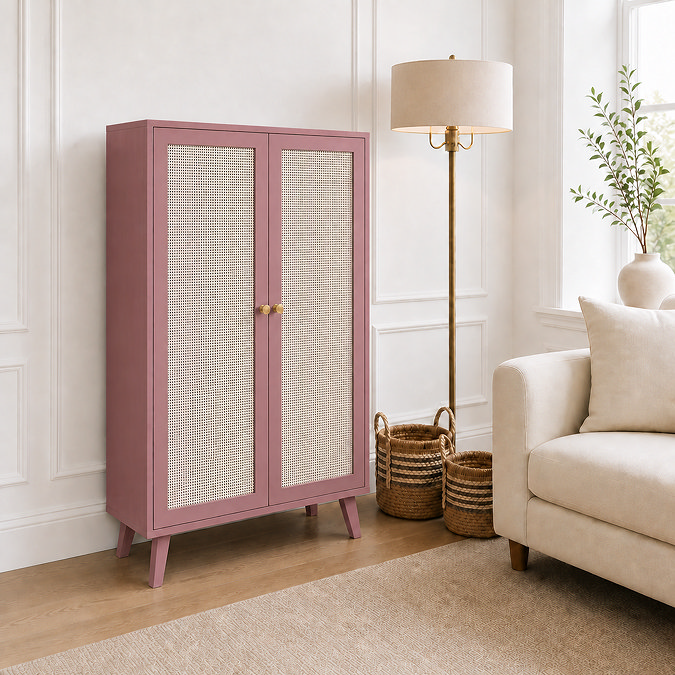 image of pink clay coloured tall sideboard with rattan front