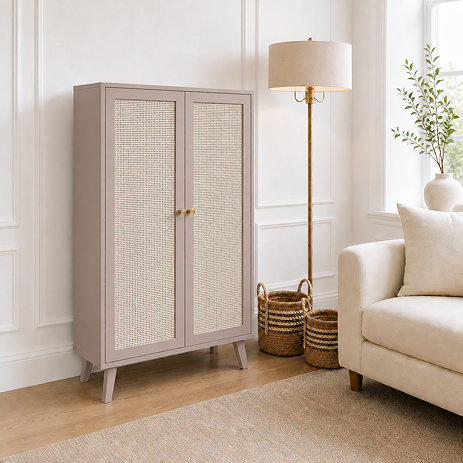 image of taupe two door sideboard with rattan front, on light wood flooring of living room scene
