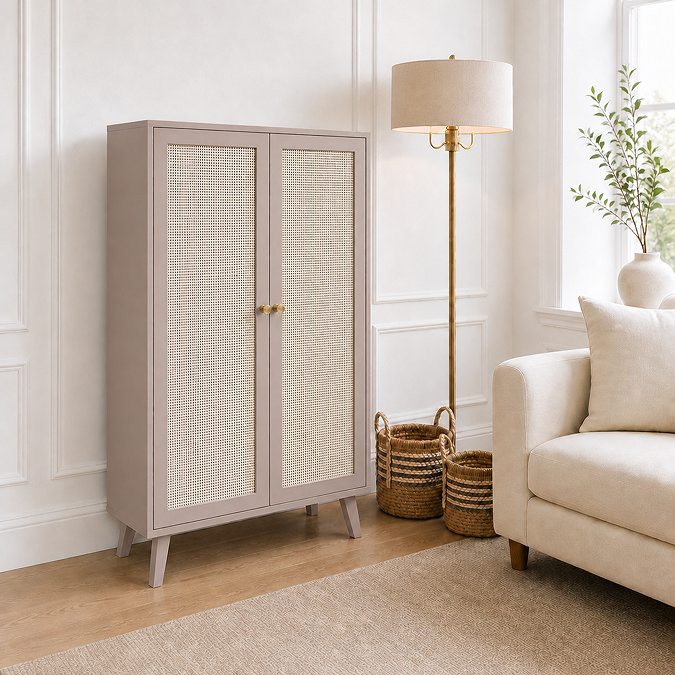 image of taupe two door sideboard with rattan front, on light wood flooring of living room scene