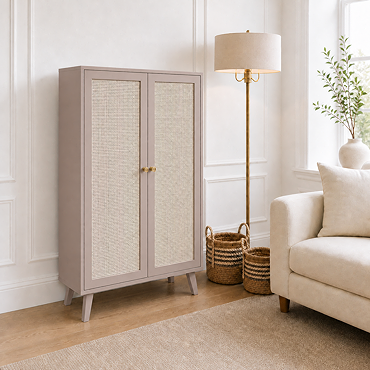 front on cut out image of taupe rattan fronted 2 door tall sideboard