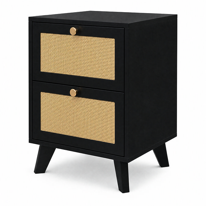 cut out image of black 2 drawer bedside table with rattan fronts
