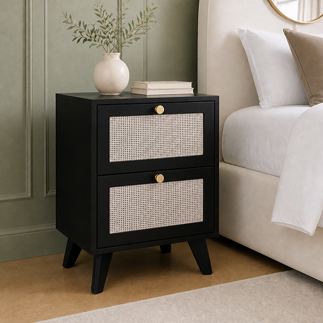image of 2 drawer black bedside table with rattan front