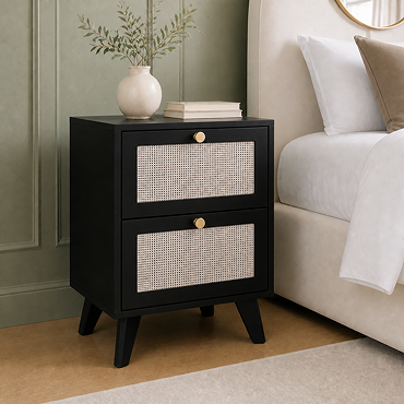 cut out image of black 2 drawer bedside table with rattan fronts