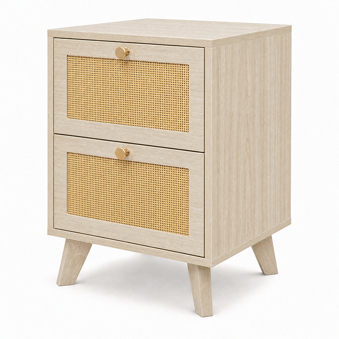 angled cut out image of natural 2 drawer rattan fronted beside table with round gold handles