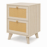 angled cut out image of natural 2 drawer rattan fronted beside table with round gold handles