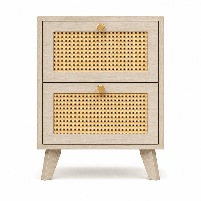 front on cut out image of rattan fronted 2 drawer bedside table with gold coloured handles