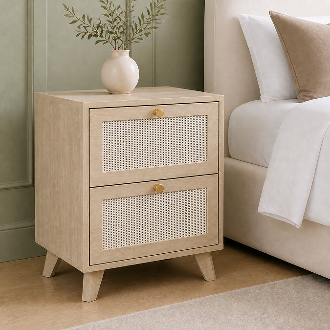 image of natural coloured 2 drawer bedside table with round gold handles and rattan fronts