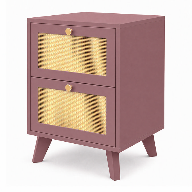angled pink clay coloured bedside table with rattan